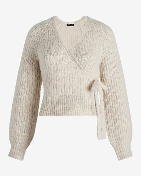 Fuzzy Ribbed Surplice Tie Sweater | Express (Pmt Risk)