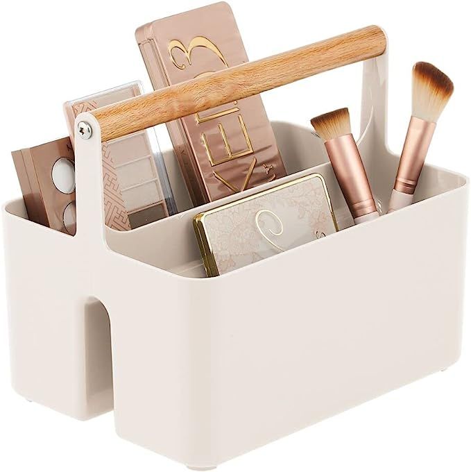 mDesign Plastic Divided Cosmetic Organizer Caddy Tote Bin with Bamboo Handle for Bathroom Vanity ... | Amazon (US)