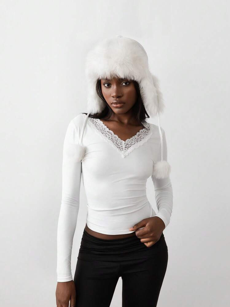 TRNVIE 1pc Women's Simple V-Neck Lace Patchwork Long Sleeve Tight Fitted T-Shirt, White, Versatile Christmas & Winter Wear For Spring Fall | SHEIN