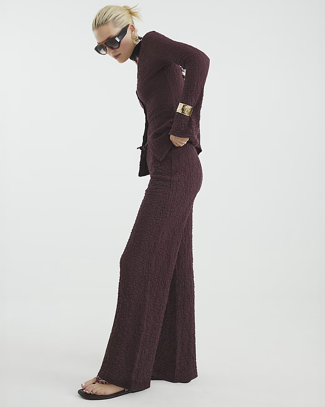 Purple Textured Wide Leg Trousers | River Island UK & IE