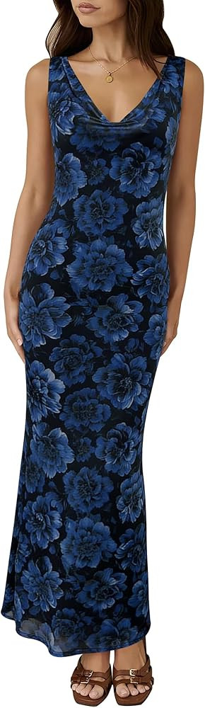 Sarin Mathews Women Wedding Guest Dress Elegant Bodycon Maxi Cocktail Formal Sleeveless Cowl Neck... | Amazon (US)