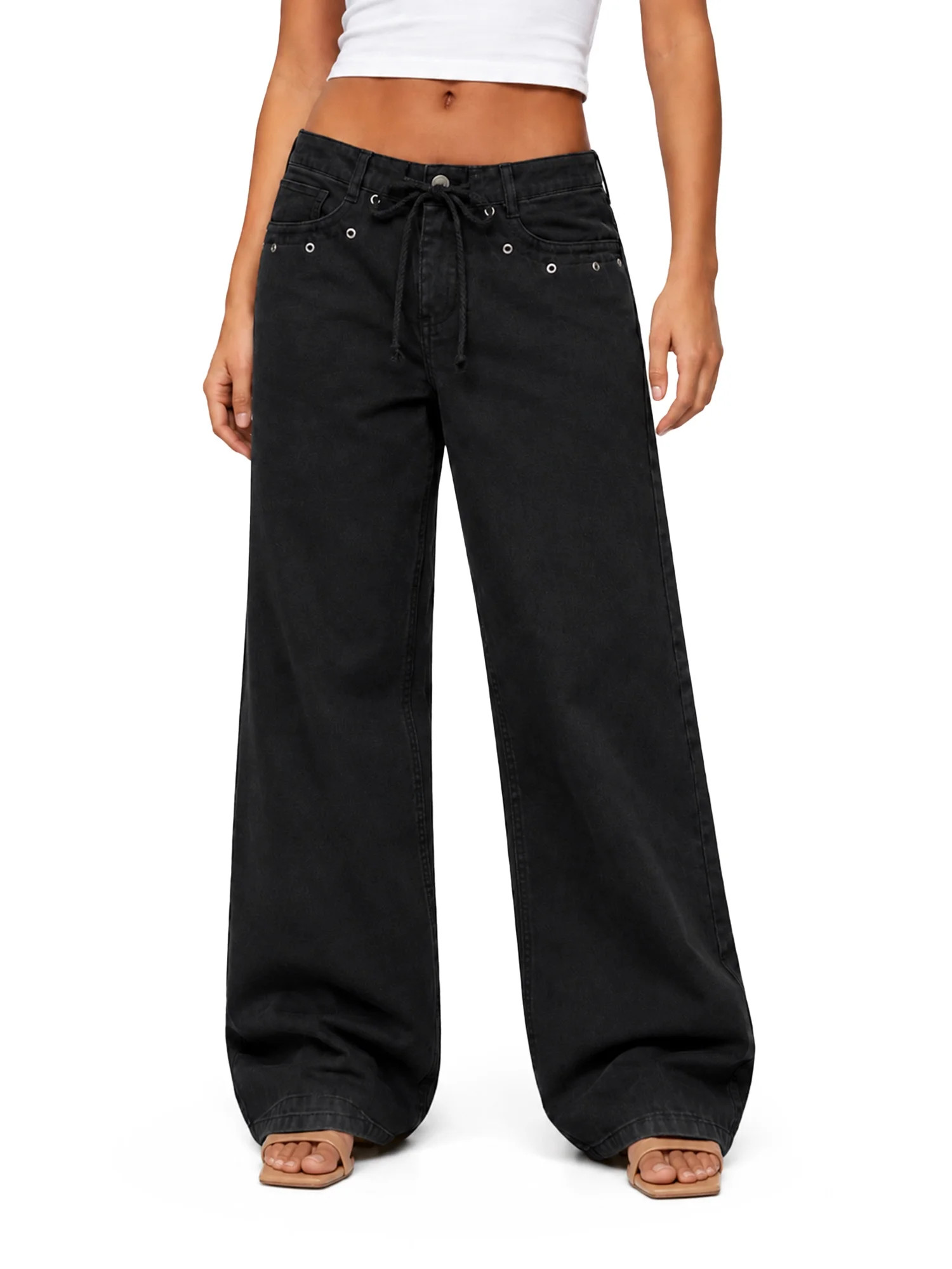 No Boundaries Drawstring Grommet Wide Leg Jean, 32" Inseam, Women's | Walmart (US)
