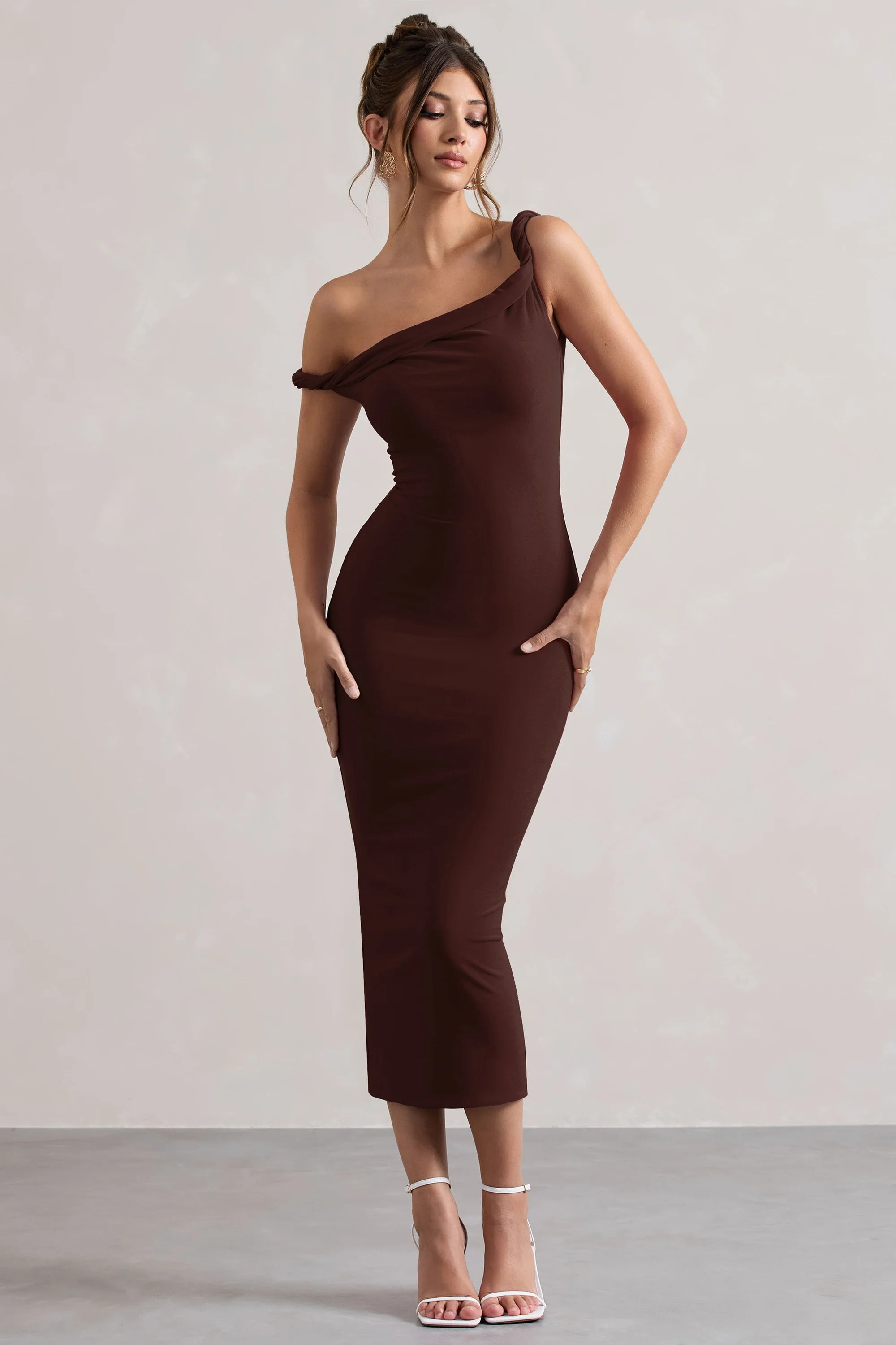 Salome  Chocolate Brown Twisted Asymmetric Midi Dress | Club L London