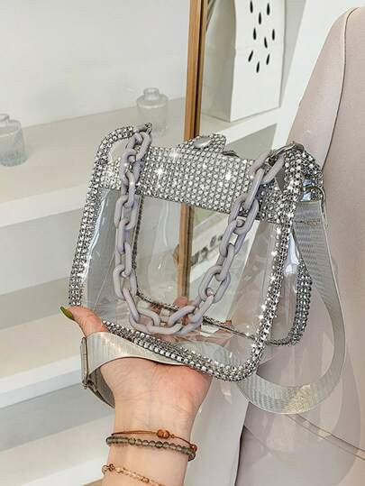 Rhinestone Decor Transparent Chain Bag Portable PVC Shoulder Bag Adjustable Strap Crossbody Bag M... | SHEIN