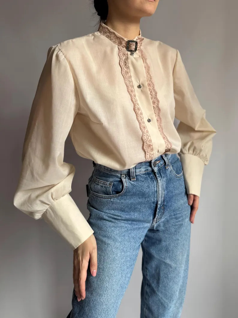 1970s Victorian Style Blouse: Cream Lace Trim, High Neck, Medium | Etsy (US)