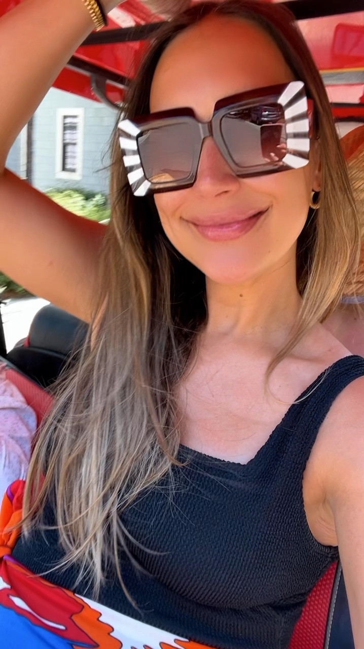 How fun are these striped sunglasses? Bringing some spice to my black maternity swimsuit -

#LTKSwim #LTKFindsUnder50