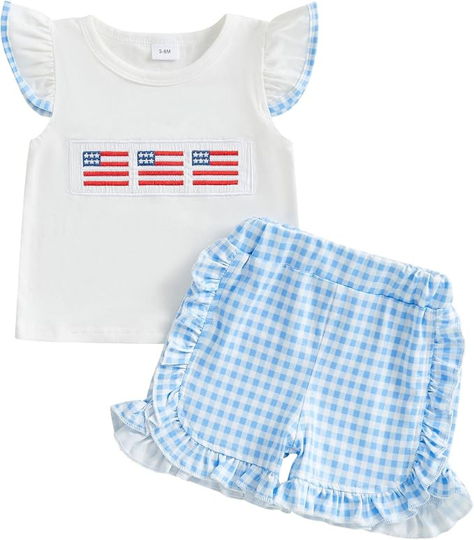 Toddler Girl 4th of July Outfits American Flag Embroidery Ruffle Sleeve T-Shirt Plaid Shorts Set ... | Amazon (US)