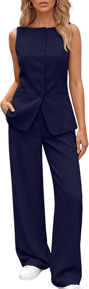 LILLUSORY Womens 2 Piece Summer Vest Sets Sleeveless Blazer Wide Leg Pants Suits Business Casual ... | Amazon (US)