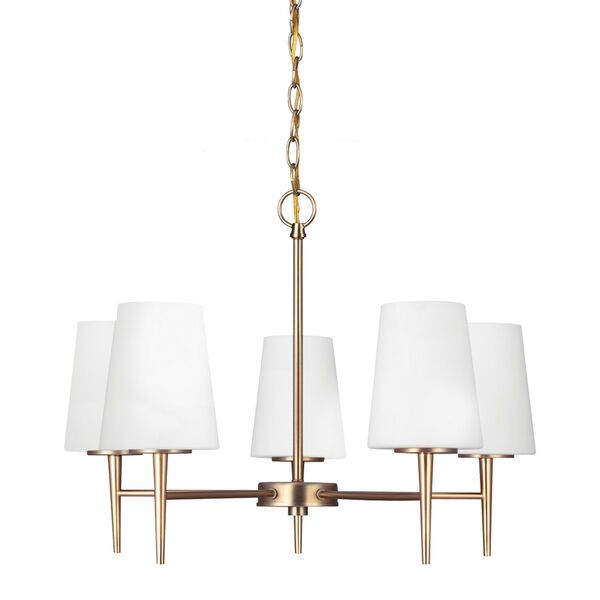 Driscoll Satin Brass Five Light Single Tier Chandelier with Etched Glass Painted White Inside | Bellacor