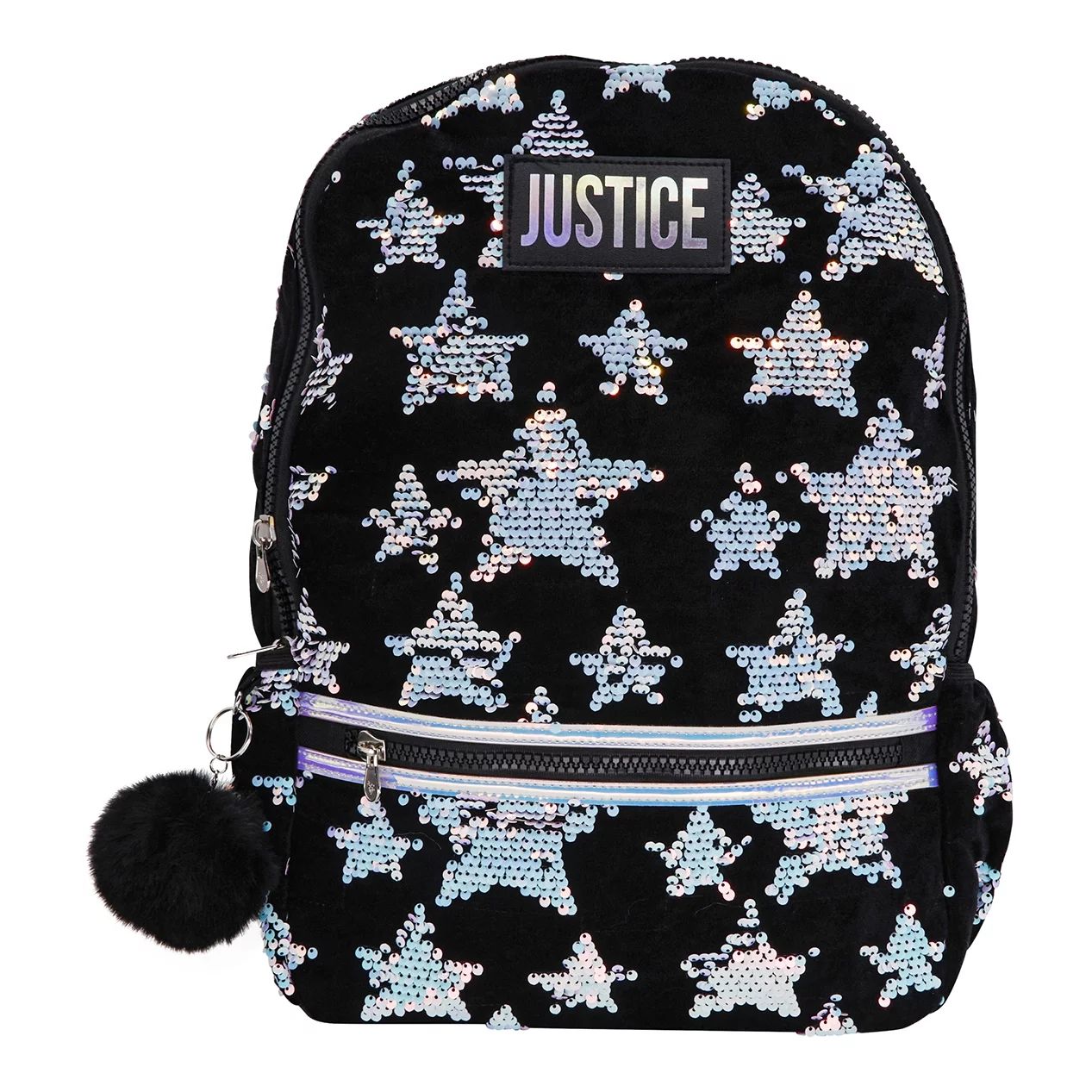 Justice Girls 17" Laptop Backpack with Pom Key Chain, Black Sequin Stars | Walmart (US)