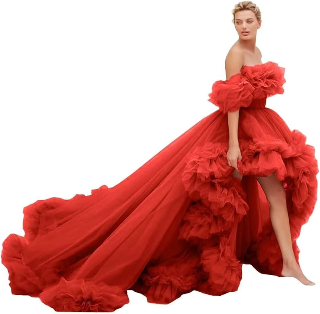 High Low Puffy Tulle Prom Dresses Long for Women Ball Gown 2025 Tiered Ruffles Evening Party Dres... | Amazon (US)