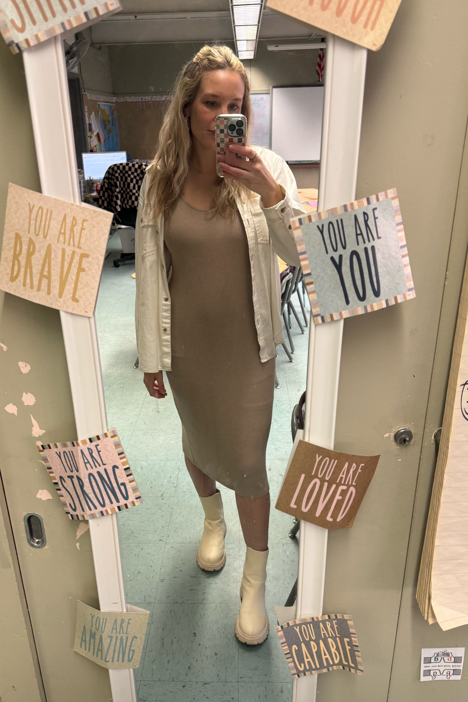 Tuesday teacher outfit

Asos boots
Tj Maxx sweater dress 
Oversized American eagle button upp

#LTKworkwear #LTKfindsunder50 #LTKmidsize