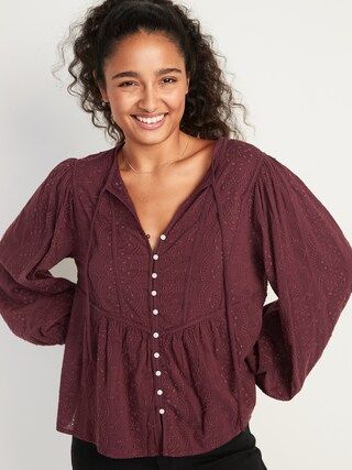 Oversized Embroidered Cutwork Tie-Neck Blouse for Women | Old Navy (US)