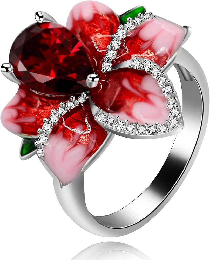 Uloveido Girl's Beautiful Red Enamel Rose Ring for Women Blossom Flower Rings with Pear Cut Cubic... | Amazon (US)