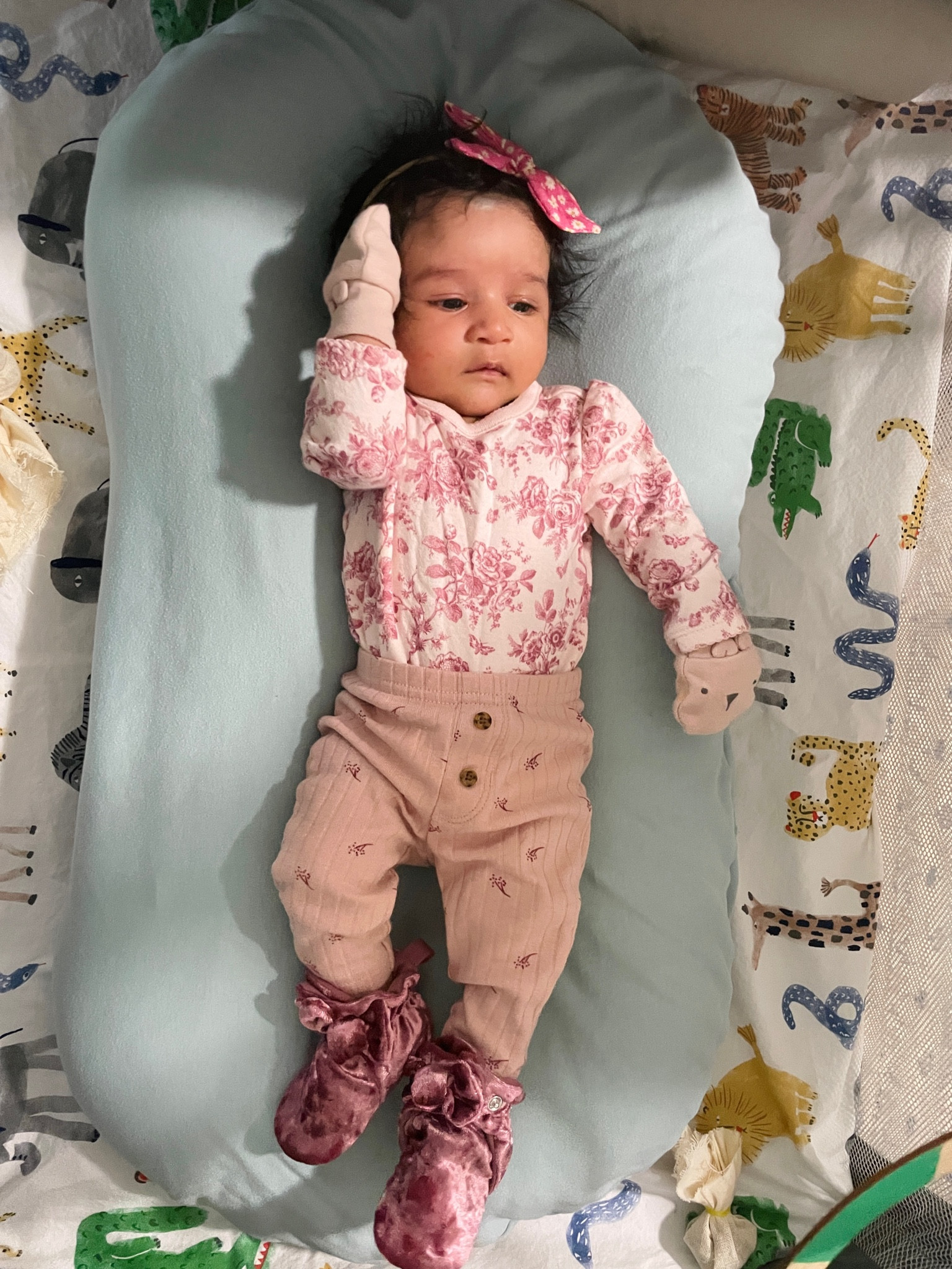 Baby girl outfit, 
Carter baby girl pants
Janie and Jack floral toile bodysuit 
Robeez Sherpa snap booties 
Nora handband bow 
Target baby girl mittens 

#LTKBaby #LTKKids #LTKFindsUnder50