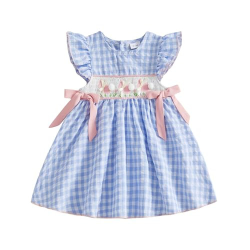 Yuufuniy Toddler Baby Girl Easter Outfit Bunny Sleeveless Dress Fly Sleeve Smocked Easter Dresses Little Girls Spring Clothes (Blue, 4-5 Years) | Amazon (US)