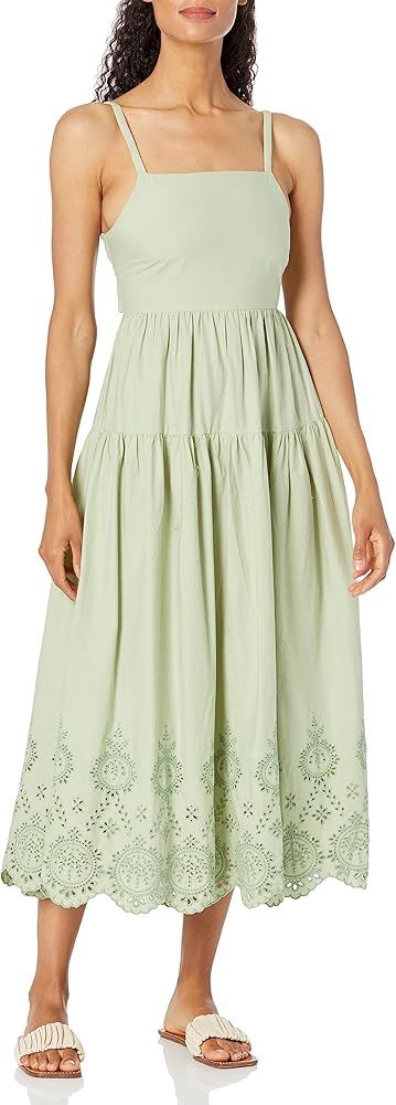 MOON RIVER Women's Sleeveless Back Tie Shirred Tiered Eyelet Midi Dress | Amazon (US)