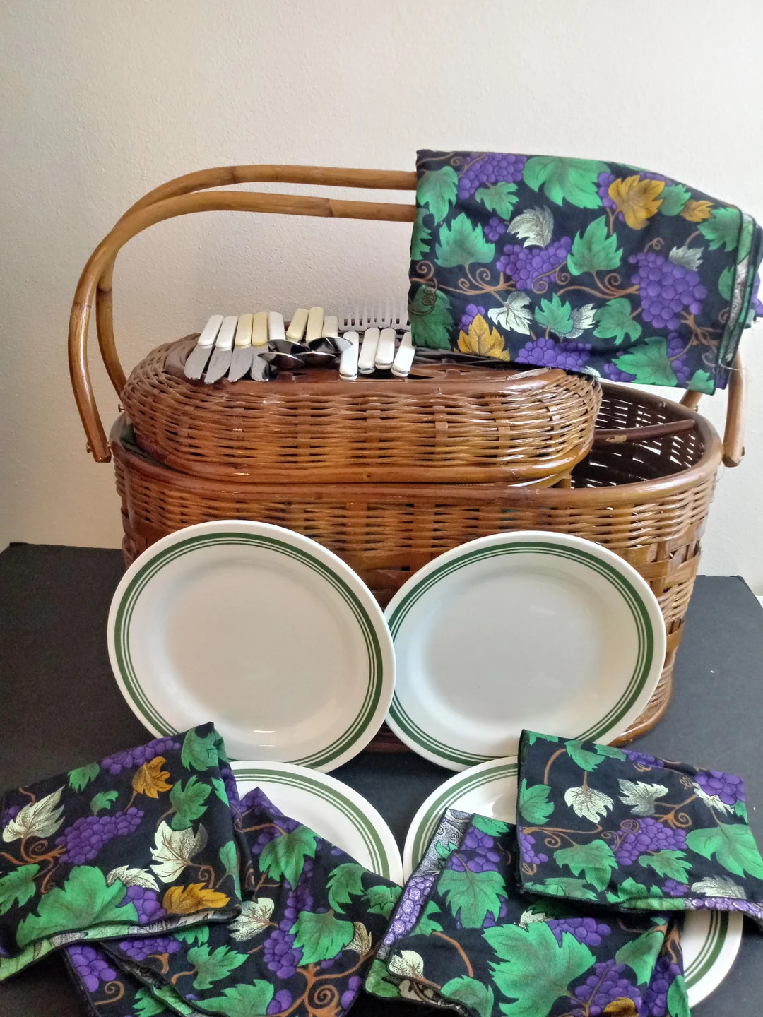 Vintage Mid Century Modern Large Wood Outdoor Picnic Basket With Lid Picnic Basket for 4 Picnic B... | Etsy (US)