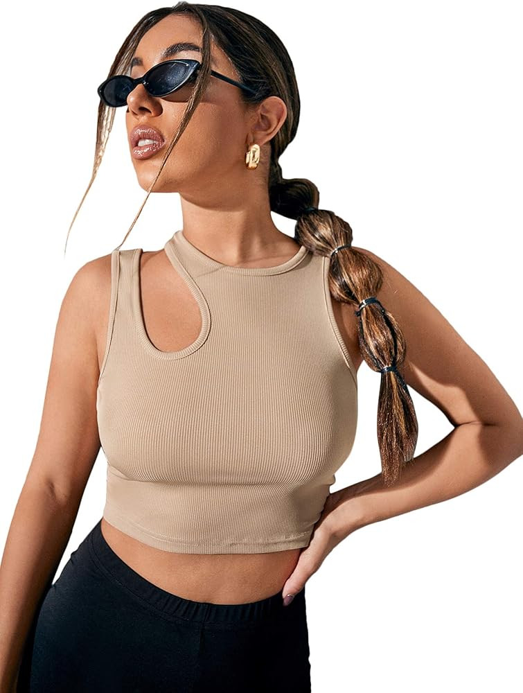 Verdusa Women's Cut Out Sleeveless Round Neck Slim Fitted Ribbed Tank Crop Top | Amazon (US)