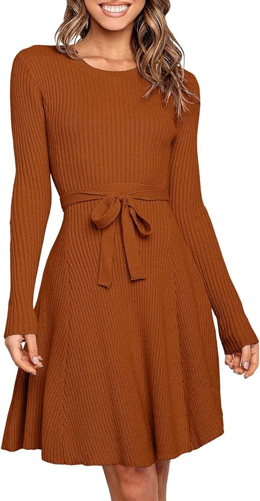 Women's Crewneck Long Sleeve Tie Waist A-Line Swing Bodycon Short Dress Casual Solid Ribbed Knit ... | Amazon (US)
