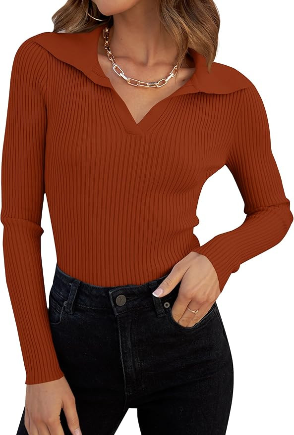 ZESICA Sweaters for Women 2025 Fall Long Sleeve V Neck Ribbed Knit Pullover Tops Casual Slim Fit ... | Amazon (US)