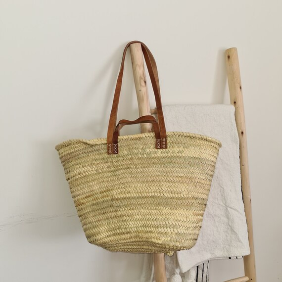 Natural Moroccan basket With double leather handles Market | Etsy | Etsy (US)