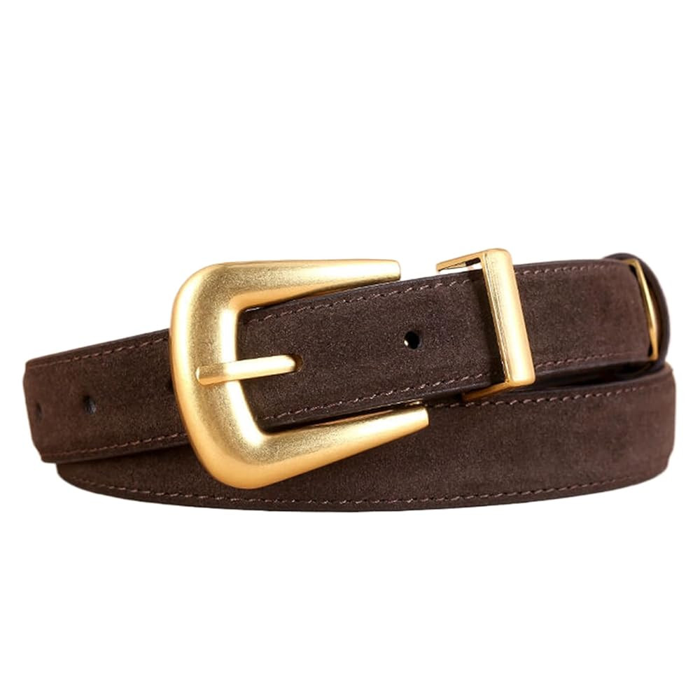 Brown Suede Belt Women with Gold Buckle, Trendy Elegant Thin Womens Belts for Jeans Pants Coat Wa... | Amazon (US)