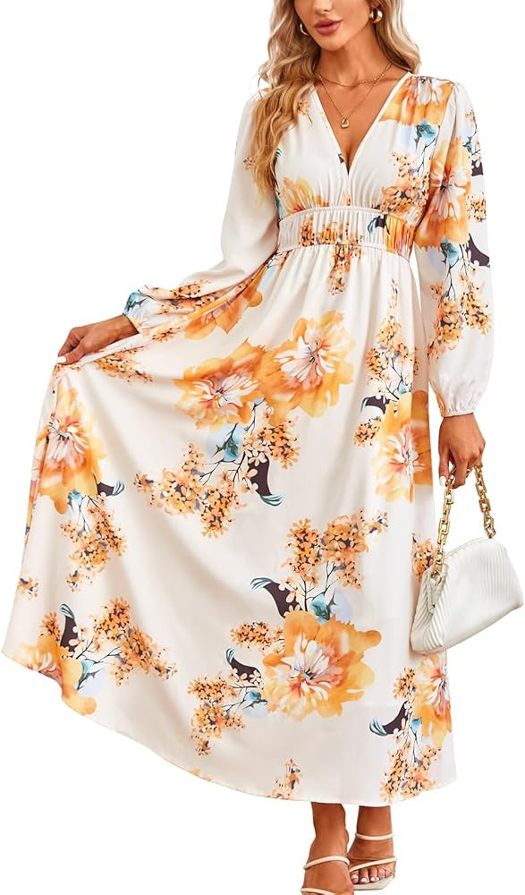 VAFADRESS Women's Floral Print Boho Dress Long Sleeve V Neck A-Line Beach Smocked Flowy Maxi Dres... | Amazon (US)