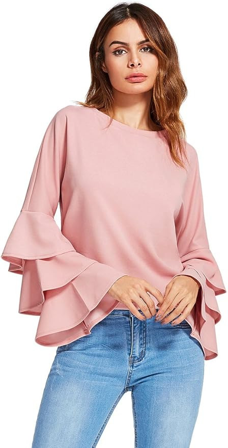 SheIn Women's Round Neck Ruffle Long Sleeve Blouse | Amazon (US)