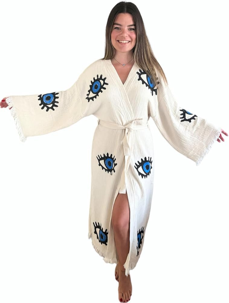Handmade Evil Eye Kimono - Women Beach Cover Up - Festival Bohemian Robe - Boho Cotton Cardigan -... | Amazon (US)