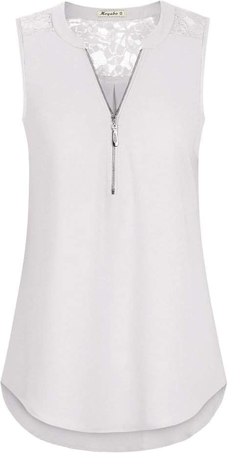 Moyabo Womens Lace Patchwork Sleeveless V Neck Zip Up Chiffon Blouses  Casual Shirt Tank Tops | Amazon (US)