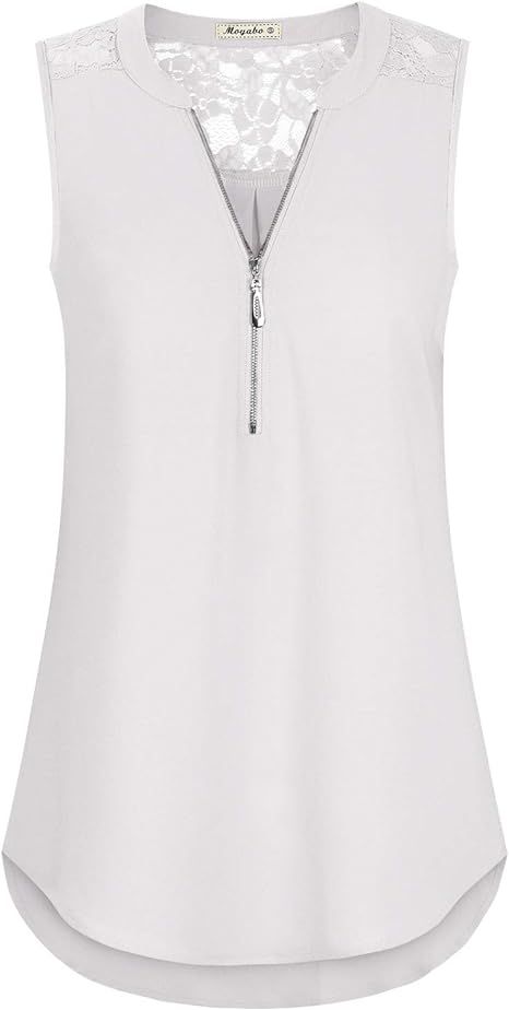 Moyabo Womens Lace Patchwork Sleeveless V Neck Zip Up Chiffon Blouses  Casual Shirt Tank Tops | Amazon (US)