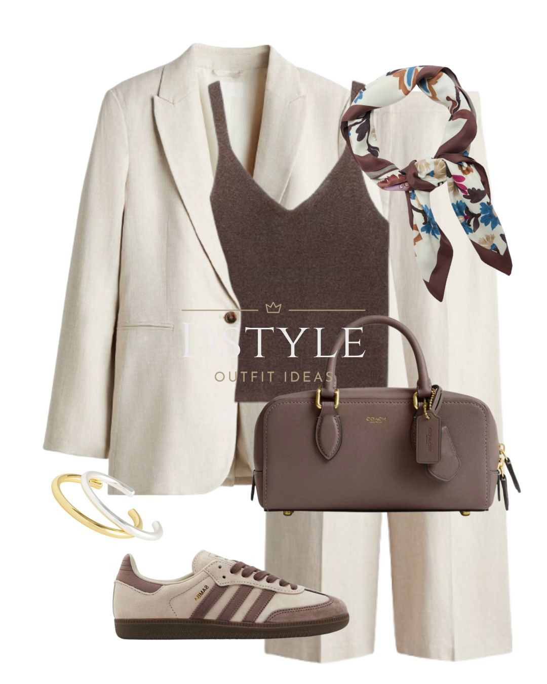 Light beige linen-blend blazer, light beige wide linen-blend trousers, chocolate knitted top, printed satin scarf, brass dark stone satchel bag, Adidas Samba 

 

#LTKFindsUnder50 #LTKStyleTip #LTKWorkwear