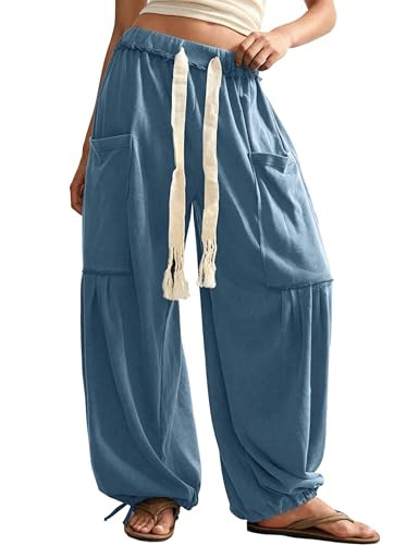 Springrain Women's Baggy Wide Leg Pants Casual Drawstring Harem Pants Bohemian Trousers with Big Pockets(Dustyblue-L) | Amazon (US)