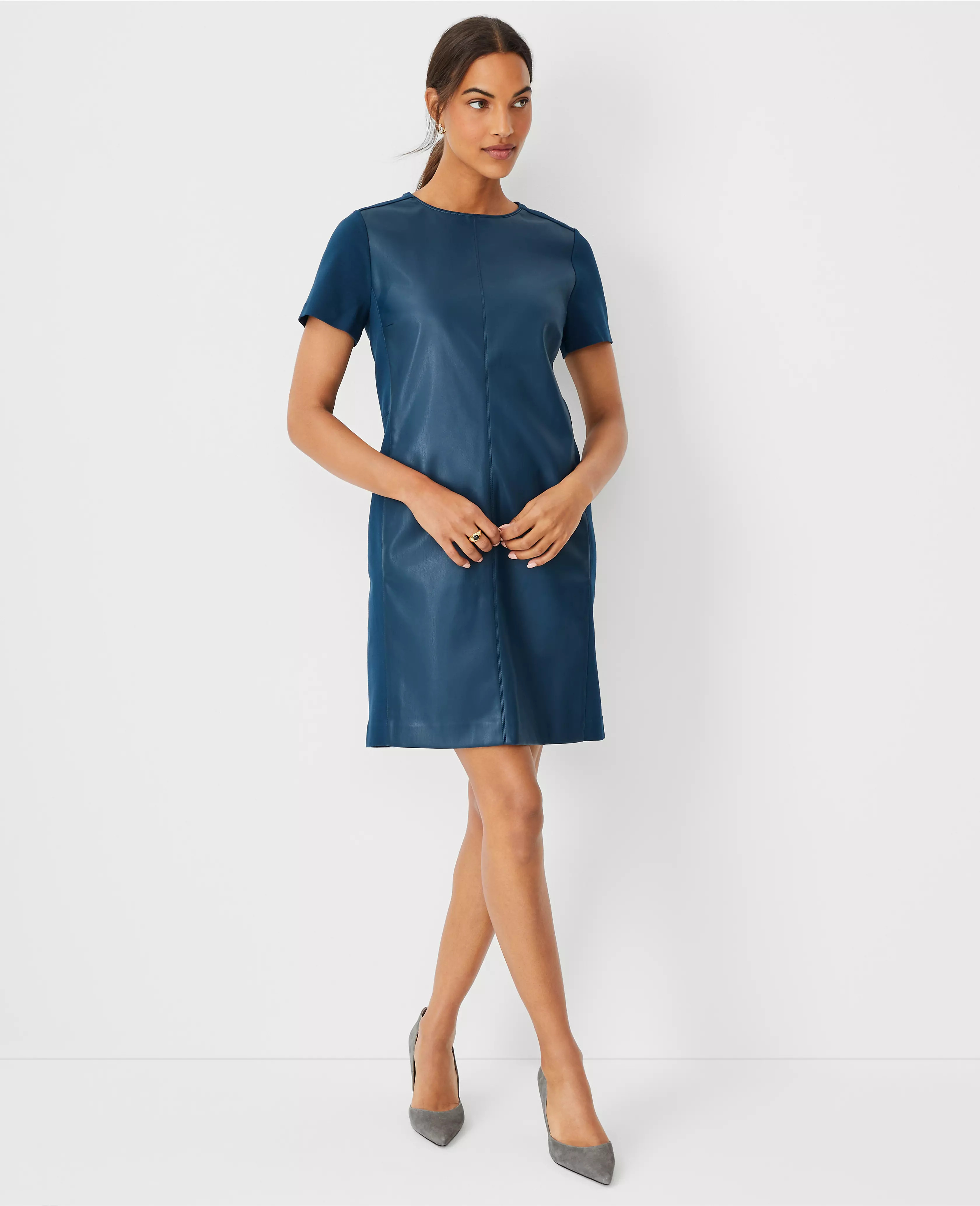 Faux Leather Mixed Media Shift Dress | Ann Taylor (US)