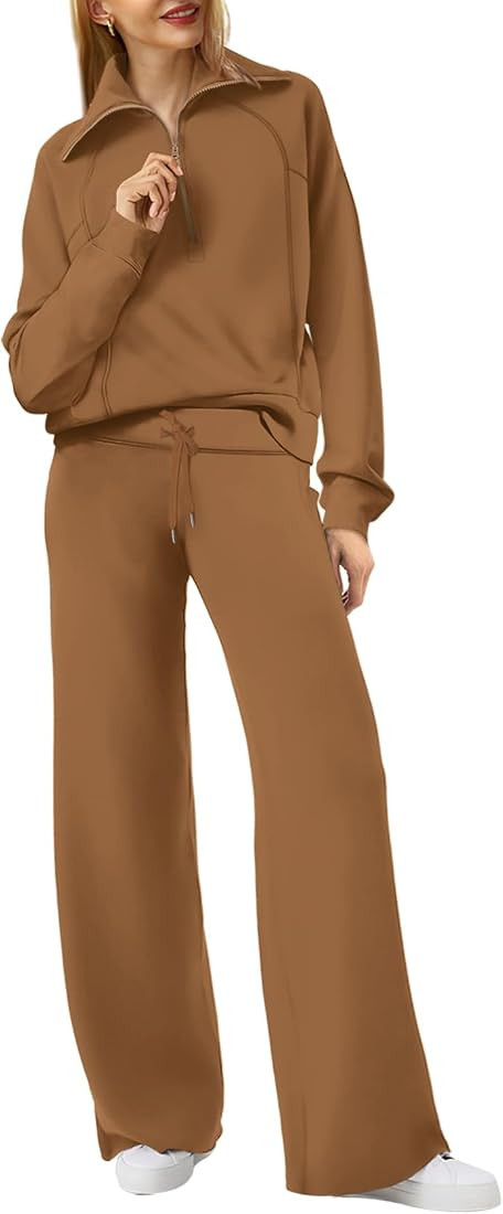 XIEERDUO Lounge Sets For Women 2024 Half Zip Sweatshirt And Wide Leg Sweatpant 2 Piece Outfits Sw... | Amazon (US)