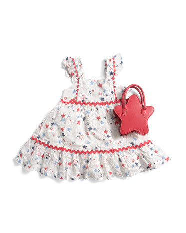 Toddler Girls Star Dress With Rickrack Trim And Purse, Cotton/Polyester | TJ Maxx