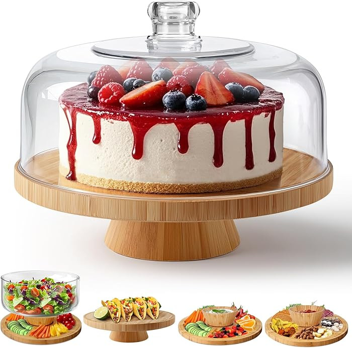 OZD Cake Stand with Dome Lid, 11" Wooden Cake Stands, 6-1 Multifunctional Cake Holder, Cake Displ... | Amazon (UK)