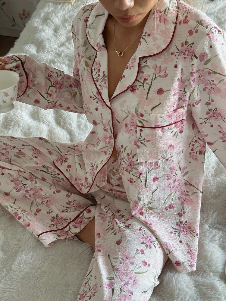 CottageSlumber Floral Print Contrast Piping PJ Set Light Pink Pajama Set Pink Floral Pajama Set Floral Pj Set Vintage Pajama Set , Fall Winter Clothes | SHEIN