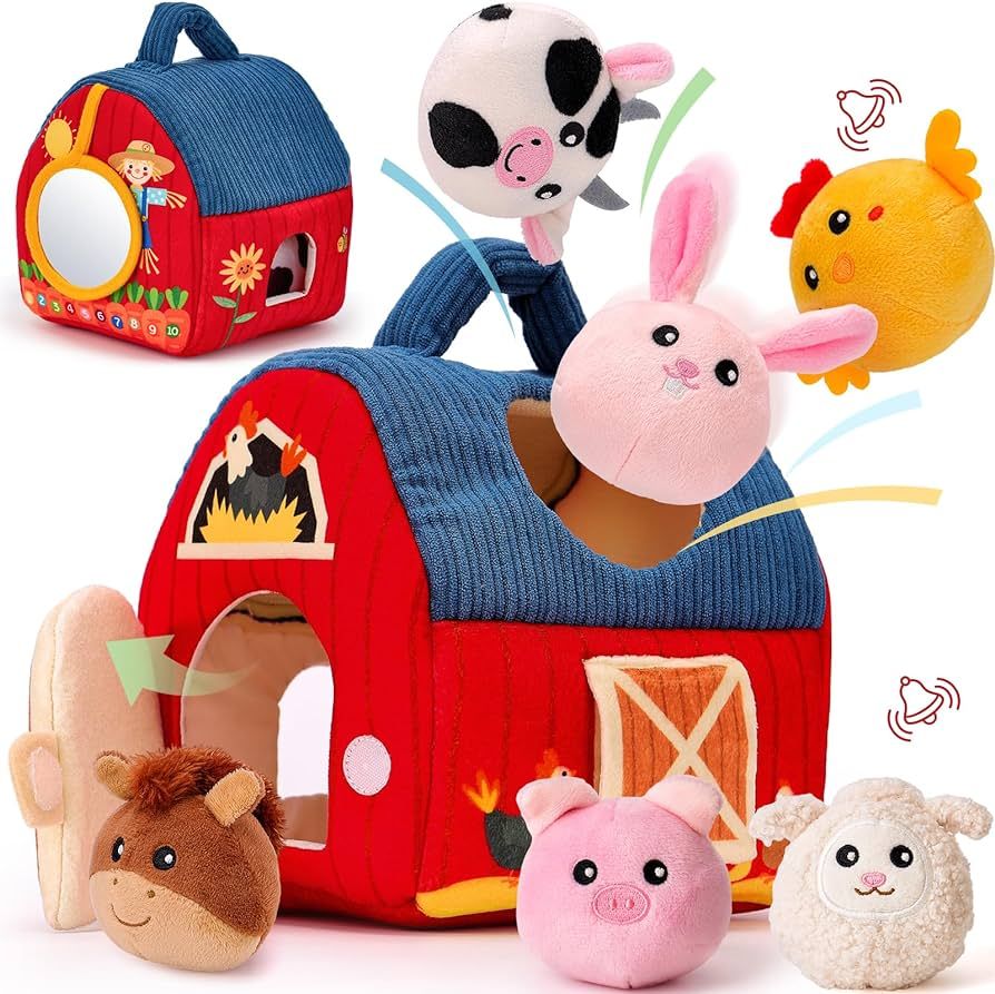 hahaland Baby Toys 6-12 Months - Farm Animals with Barn, Rattle, Crinkle Paper, Mirror - Busy Mon... | Amazon (US)