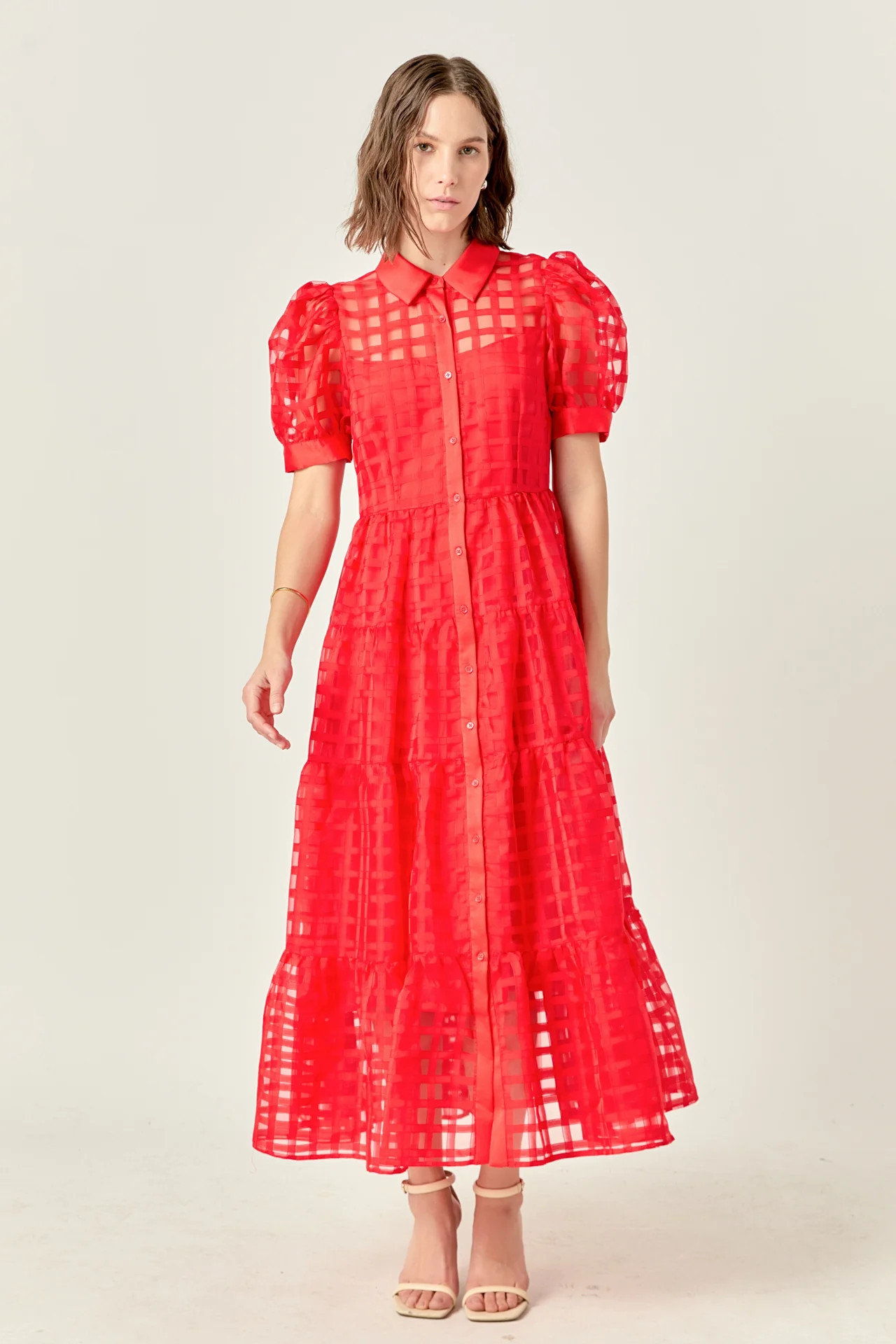 Gridded Organza Tiered Maxi Dress | English Factory