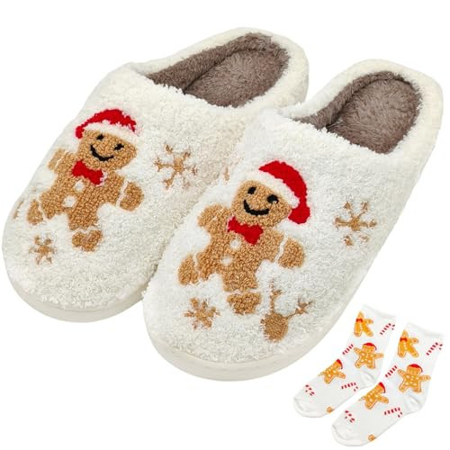 Christmas Reindeer Slippers House Shoes for Women Fluffy Soft Cozy Bedroom Cartoon Plush Cute Slippers for Indoor Outdoor Use (Gingerbread, 6.5) | Amazon (US)