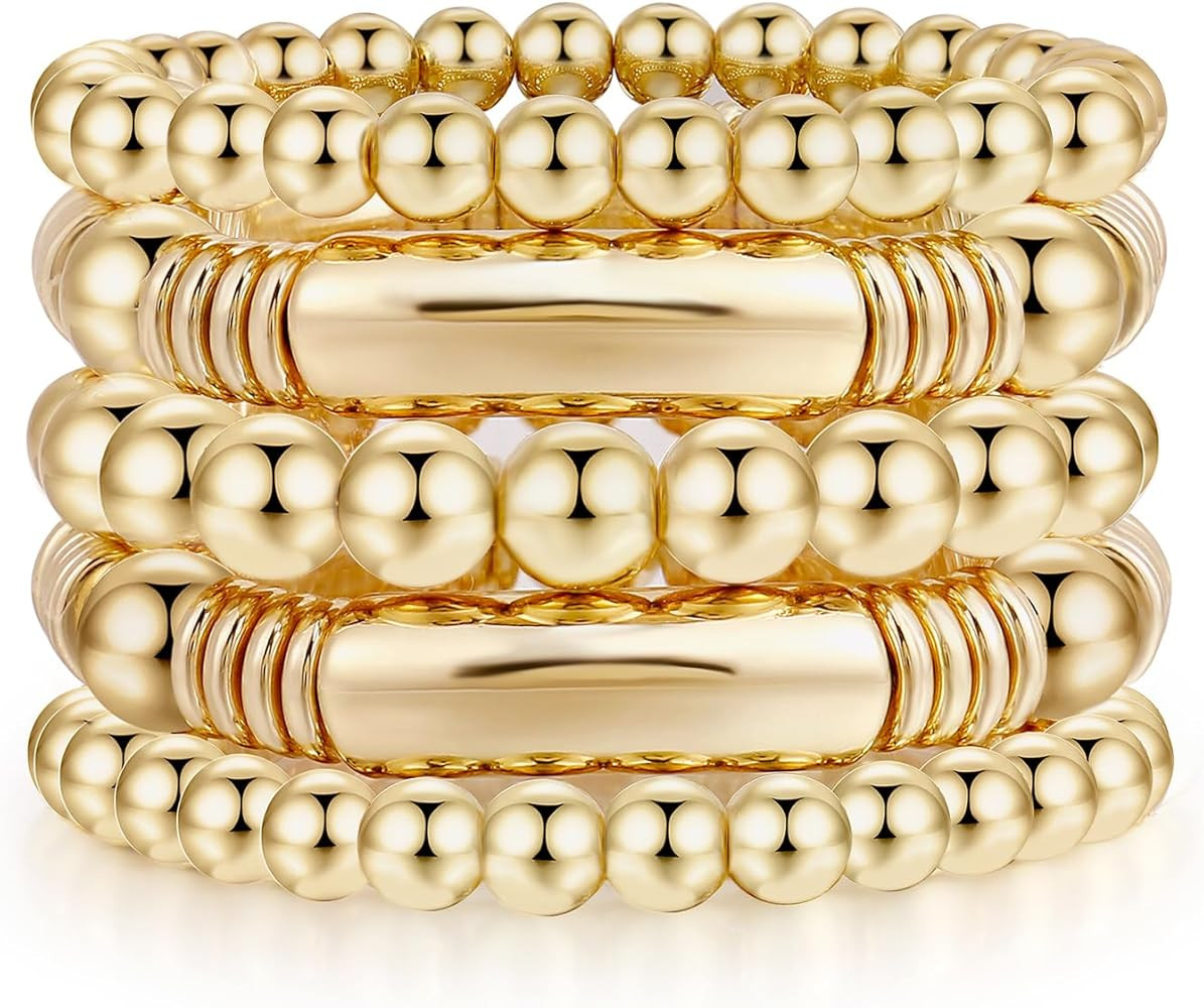 14K Gold Plated Bangles Bracelet for Women Chunky Curved Stacking Plated Bead Ball Stretchable Br... | Amazon (US)