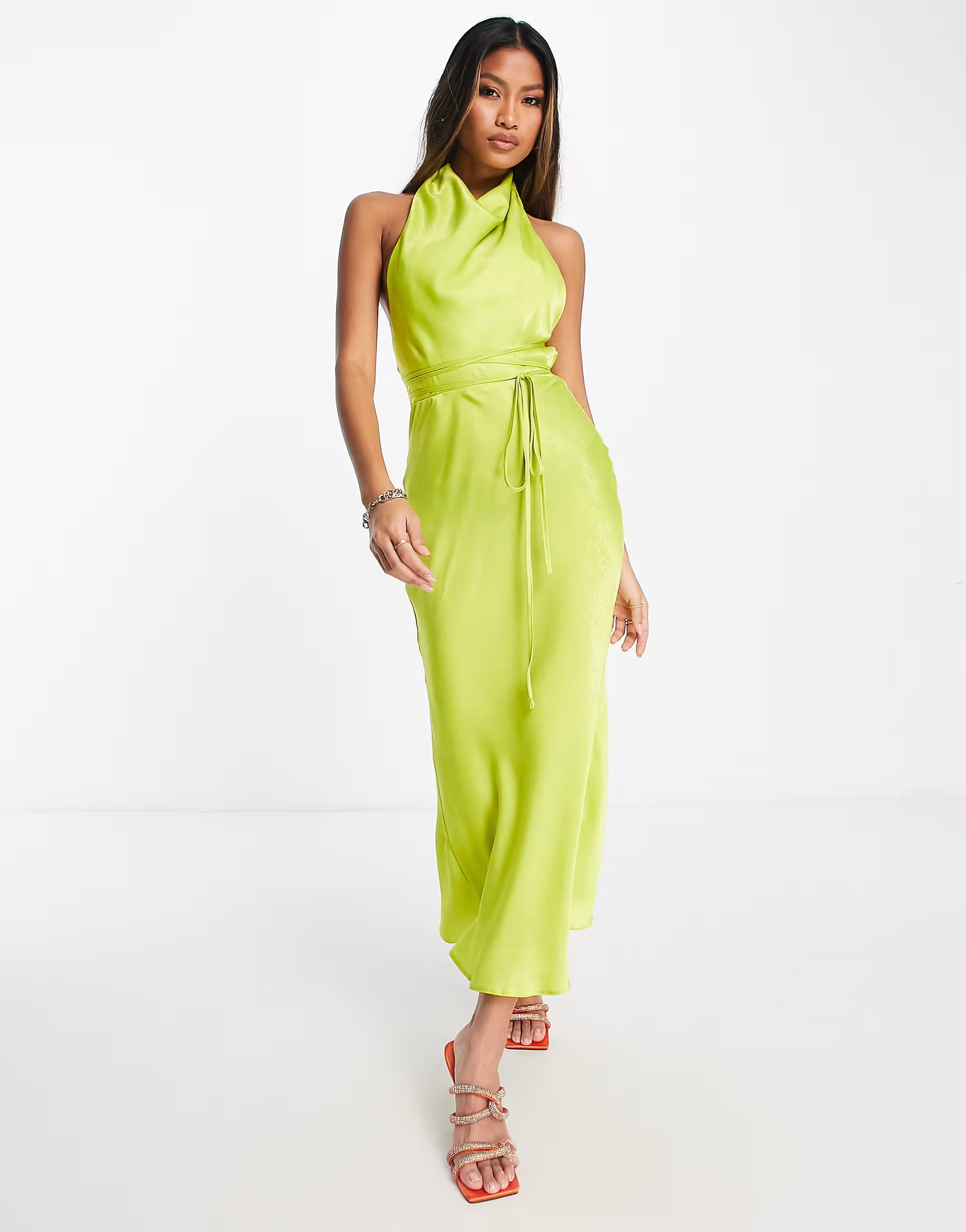 ASOS DESIGN cowl neck halter midi with tie wrap waist in lime | ASOS (Global)