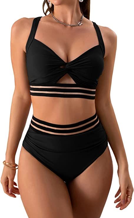 Eomenie Two Piece Swimsuits Tummy Control Twist Hollow Bikini Sets High Waisted Criss Cross 2 Pie... | Amazon (US)