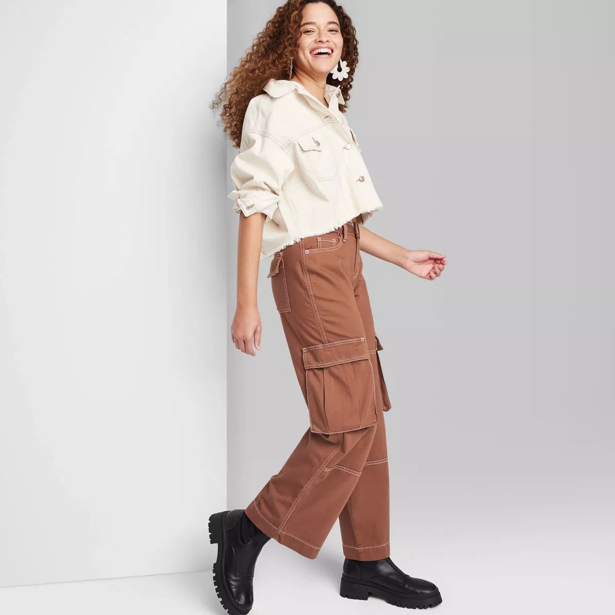 Women's Mid-Rise Cargo Baggy Wide Leg Utility Jeans - Wild Fable™ Brown Wash | Target