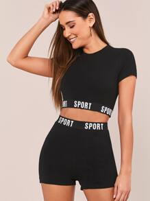 SHEIN Letter Tape Hem Crop Top & Biker Shorts Set | SHEIN