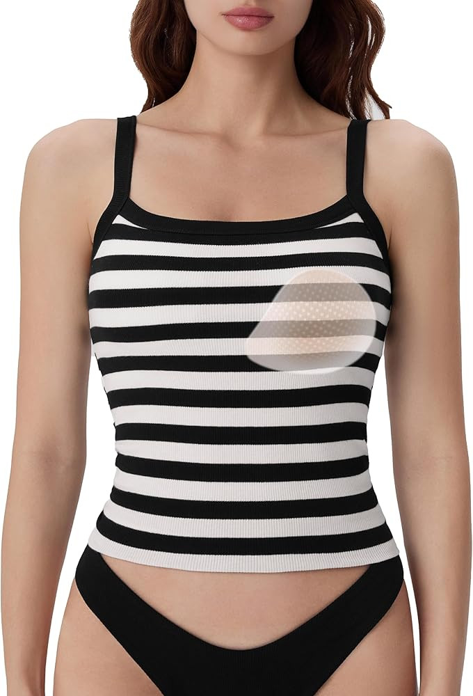 SUUKSESS Women Cotton Rib Padded Tank Tops Sleeveless Spaghetti Strap Square Neck Tops Summer Cam... | Amazon (US)