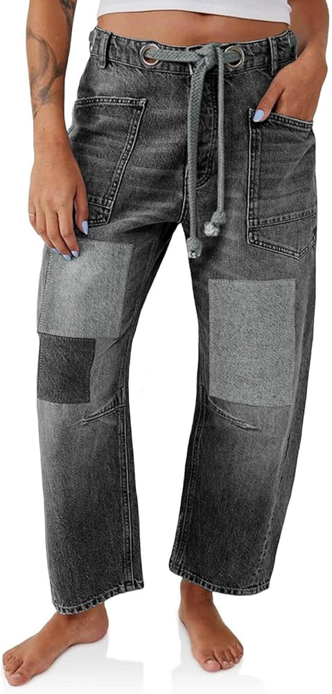 PLNOTME Womens Baggy Barrel Horseshoe Jeans Wide Leg Patchwork Low Rise Denim Pants with Pockets | Amazon (US)