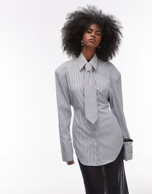 ASOS DESIGN cinched shoulder pad shirt with tie in black pinstripe | ASOS (Global)